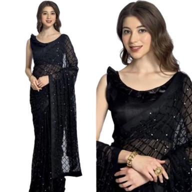 Bollywood Black Georgette Sequence Work Ladies Sarees With Blouse Piece