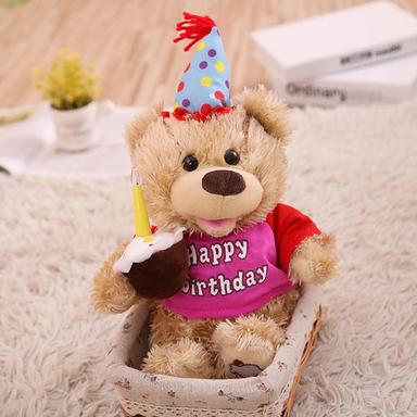 Silver Happy Birthday Stuffed Plush Teddy Bear, Sing Songs And Move Mouth, Electronic Tedy Bears With Glowing Candles As Birthday Gift For Parties. Electronic And Interactive Toy For Kids, Girls And Boys. 