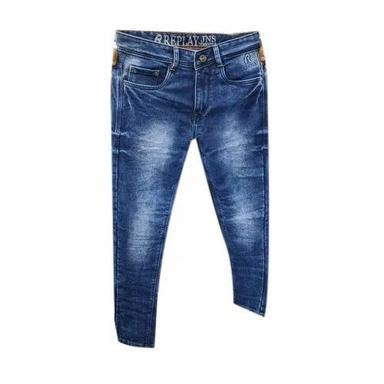 Blue Color Denim Fabric Plain Pattern Slim Fit Jeans
