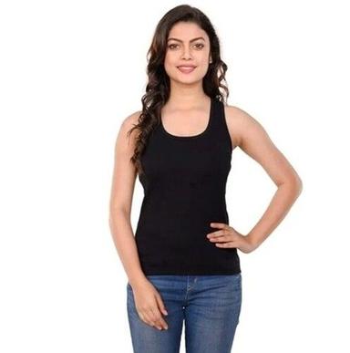 Black Color Round Neck Plain Pattern Women Tank Tops