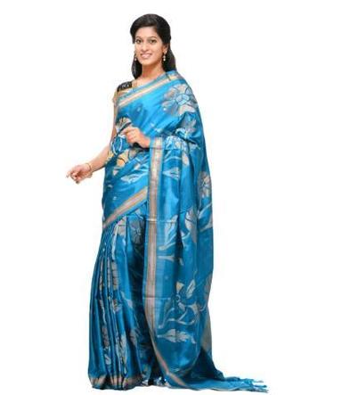 Blue Silk Handloom Saree With All Over Flower Plant Design 