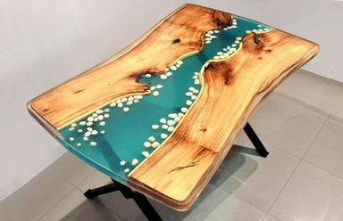 River View Epoxy Resin Hard Wood Dining Table With Metal Base And Thickness Of 1.5 Inch No Assembly Required