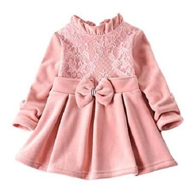 Pink Color Winter Cotton Thick Warm Baby Frock With Solid Lace Age Group: 4-8