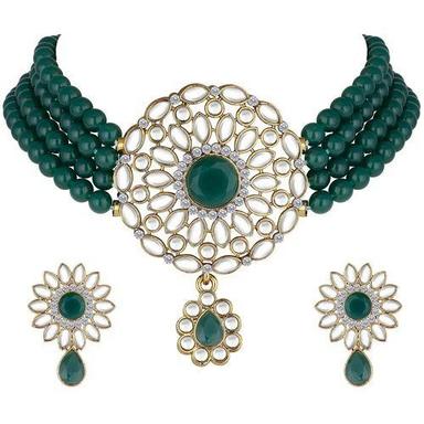 Green Gold Plated Kundan Choker Necklace Beaded Traditional Jewellery Set For Women
