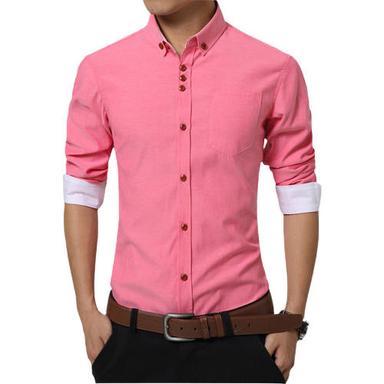 Washable Full Sleeve Pink Plain Cotton Shirt For Men