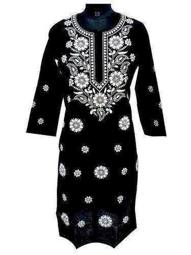 Quick Dry Black Party Wear 3-4Th Sleeve Round Neck Cotton Chikan Kurtis For Ladies