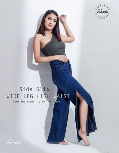 Dark Blue Skin Friendliness Elegant Look Side Slit Wide Leg High Waist Women Denim Jeans
