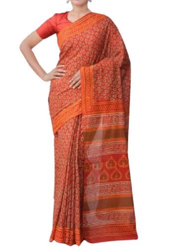 Orange Breathable And Comfortable Cotton Silk Printed Saree With Blouse For Women