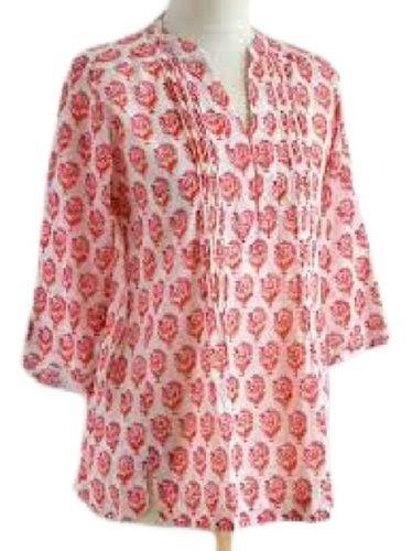 Red With White Ladies Printed Pattern 3/4Th Sleeve Casual Wear Cotton Tops