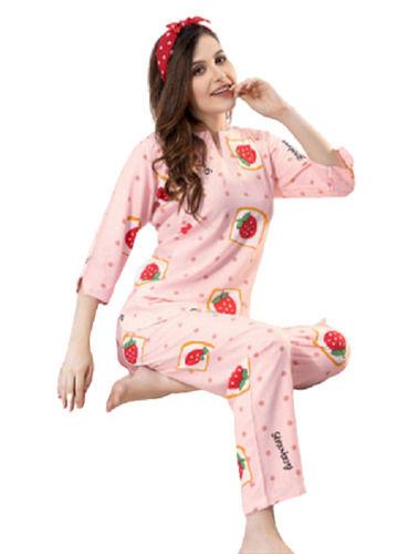Washable And Printed All Season Machine Embroidered Round Neck Rayon Night Suit For Ladies