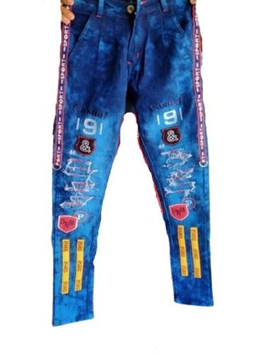 Blue Stylish Trendy Printed Patch Work Skinny Style Denim Jeans For Boys