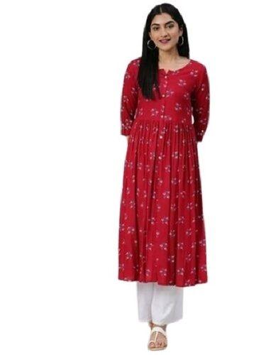 Ladies Red Printed Cotton Kurti For Casual Wear