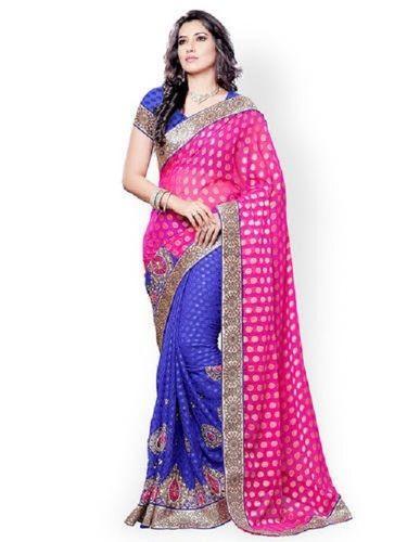 Blue And Pink Breathable Printed Cotton Silk Saree For Ladies