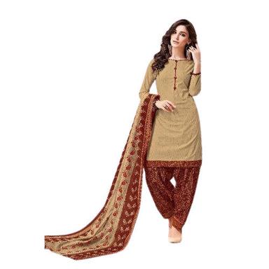 Golden Full Sleeves Cotton Velvet Printed Salwar Suit With Dupatta For Ladies