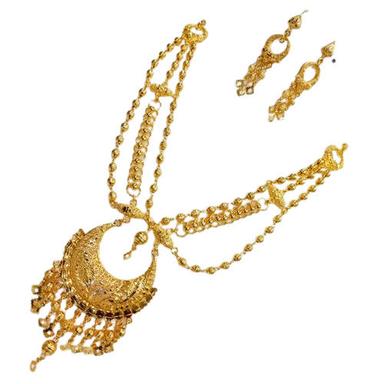Golden Gold Stylish Modern Designer Necklaces Set With Earrings For Party Wear