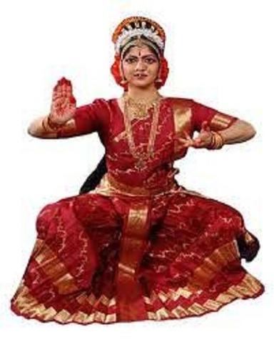 Red And Golden Breathable Elegant Traditional Bharatanatyam Dance Dress For Ladies