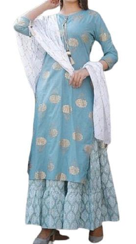 Women Stylish Round Neck Party Wear Printed Chiffon Kurta Plazzo Dupatta Set