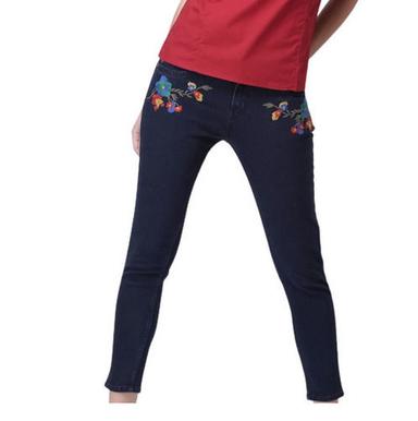 Black Stretchable Embroidered Casual Wear Denim Jeans For Ladies