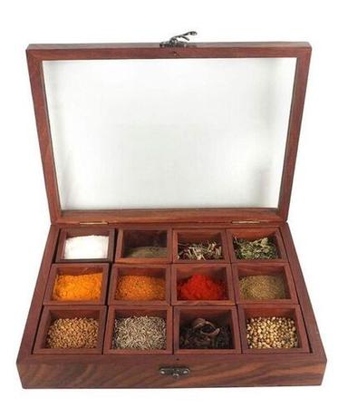 Brown Inaithiram 12 Portion Sheesham Wood Spice Box With Spoon