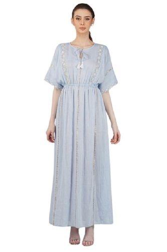 Blue Cotton Maxi Embroidered Dress For Women With Raglan Sleeves And Round Neck