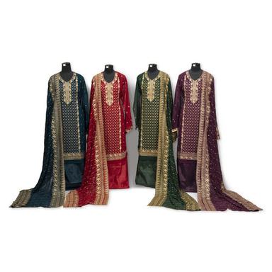 Ladies Short Sleeves Unstitched Embroidered Salwar Kameez With Dupatta Set