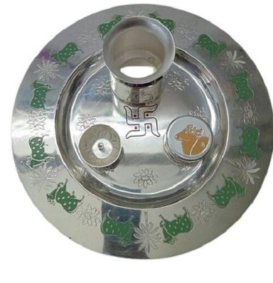 Round Shape Brass Silver Colored Pooja Thali Set