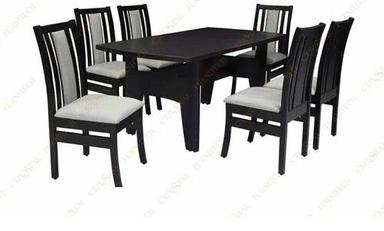 Black Color Plain Pattern Six Seater Wooden Dining Table Set