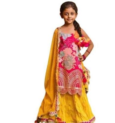 Fayon Kids Pink Georgette Print Kurti and Yellow Ghagraa Dupatta for Girls