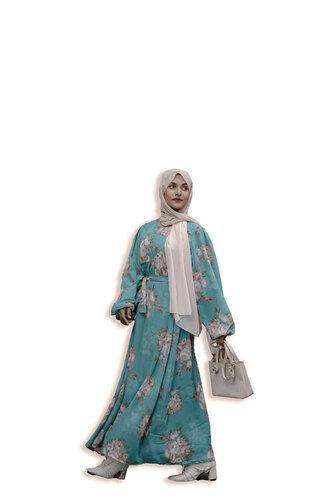 Yezwe Aqua Blue Small Floral Georgette Maxi Dress with Lycra Lining Modest Wear