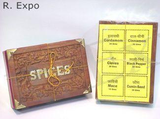 Indian Spices In Wooden Carved Box