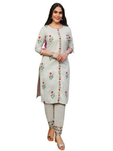 Indian Ladies Casual 3/4Th Sleeves Round-Neck Off White Printed Cotton Salwar Suit 