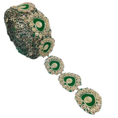 Green And Golden One-Sided Velvet Embroidered Lace For Saree And Lehenga Decoration Material: Beads