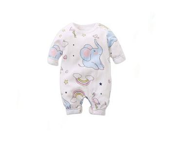 White Comfortable And Breathable Elephant Print Round Neck Baby Cotton Romper 