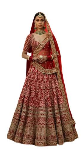 Red Embroidered Polyester Elegant Bridal Lehenga With Dupatta And Blouse Piece