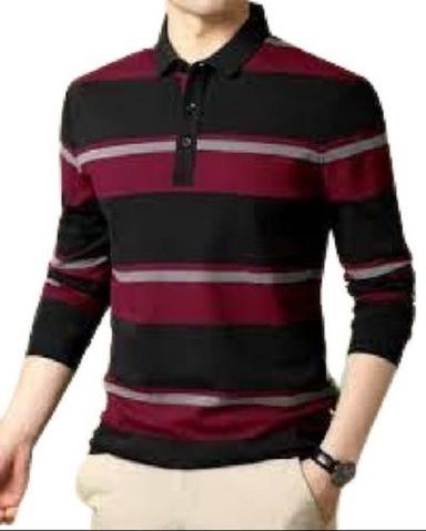 Black With Red Men'S Causal Wear Comfortable Soft Full Sleeve Polo Neck Striped Cotton T-Shirt