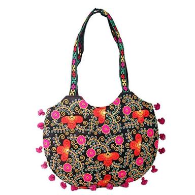 Multicolor Handmade Embroidery Zipper Closure Cotton Shoulder Handbag For Womens 