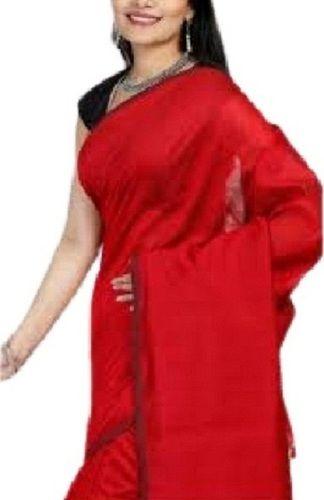 Summer Ladies Traditional Style Red Plain Cotton Silk Sarees