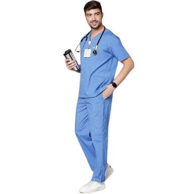 Washable Plan Half Sleeves Polyester Blue Unisex Hospital Uniform