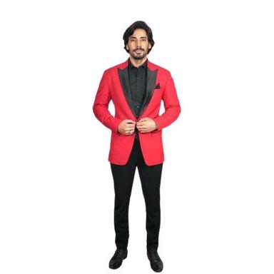 Ravishing Red Suit Red Coat with Black Satin Lapel Collar and Black Pant Rental for 4 Days