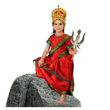 Durga Mata And Laxmi Mata Fancy Red Saree With Green Border Dress Costume For 3 to 12 Years Age Group