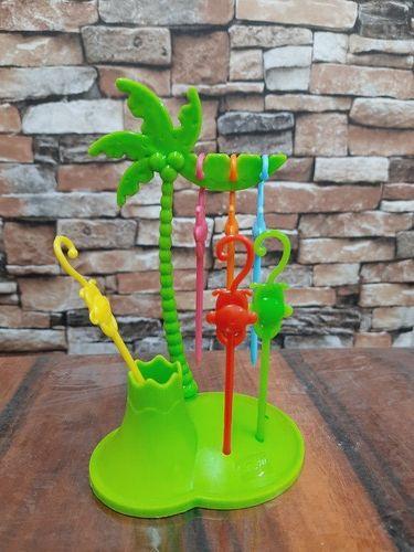 Various Colors Are Available Plain Design Anti Crack Plastic Coconut Tree Design Fruit Fork With Three Set Fork