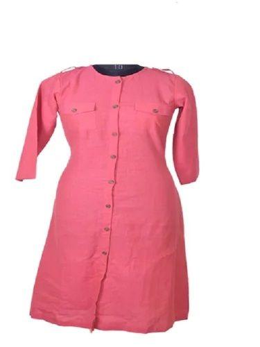 Women Plain Pink 3-4 Sleeve Casual Wear Cotton Kurti  Decoration Material: Beads