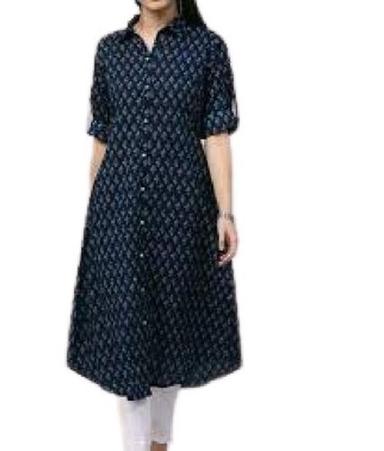 Royal Printed Breathable Causal Wear Collar Neck Cotton Kurtis For Ladies